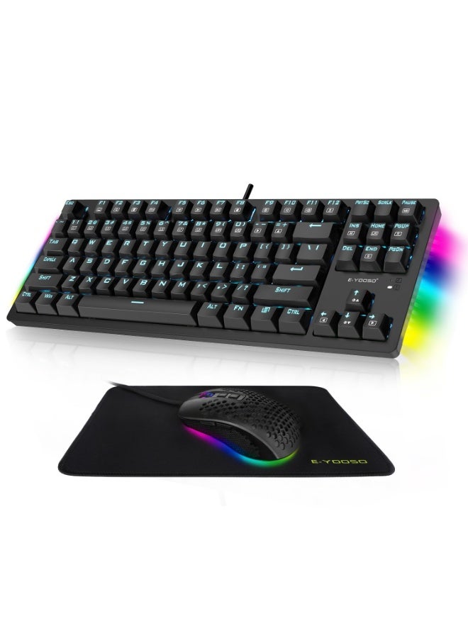 إي-يوسو طقم لوحة مفاتيح وماوس للألعاب، لوحة مفاتيح TKL سلكية USB مزودة بمفاتيح ميكانيكية زرقاء قابلة للتبديل السريع من OUTEMU، باللغة الإنجليزية، 87 مفتاحًا، بإضاءة خلفية زرقاء وإضاءة جانبية RGB، دقة 4000 نقطة في البوصة، ماوس بتصميم خلية النحل + لوحة ماوس | أسود - Image 1